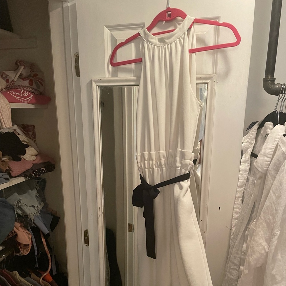 Zara white jumpsuit with black belt tie